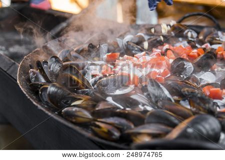 Fresh Mussels At Grill Pan. Seafood Barbecue Outdoors. Picnic Healthy Food, Mussels In Shells. Plent
