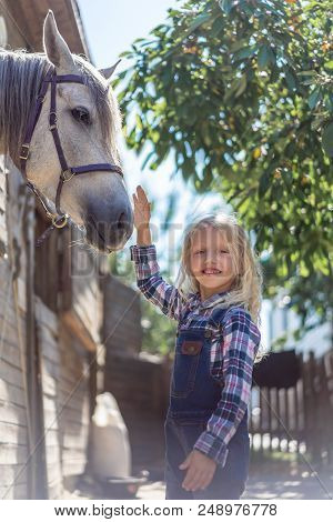 Smiling Kid Touching White Horse At Farm And Looking At Camera