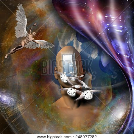 Surrealism. Man's head with opened door to another world. Naked man with wings represents angel. Winged clocks symbolizes flow of time. Warped space. 3D rendering