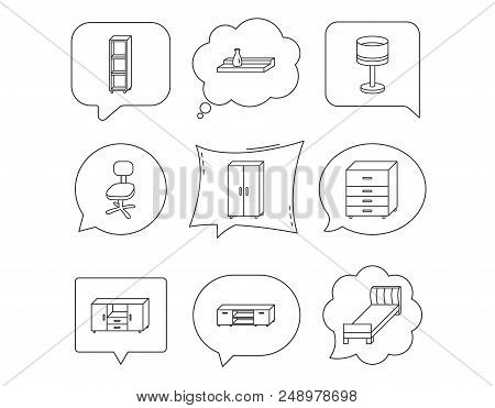 Single Bed, Tv Table And Shelving Icons. Office Chair, Table Lamp And Cupboard Linear Signs. Wall Sh