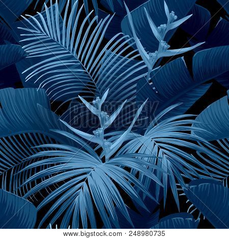 Exotic Tropical Background With Hawaiian Plants And Flowers. Seamless Vector Indigo Pattern With Ban