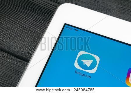 Sankt-petersburg, Russia, July 6, 2018: Telegram Application Icon On Apple Ipad Pro Screen Close-up.
