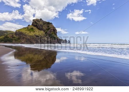 Piha Beach And Lion Rock, Auckland Region, New Zealand.