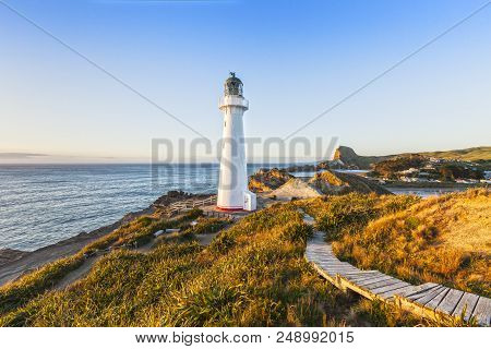 Castlepoint Lighthouse, Wairarapa, New Zealand At Sunrise