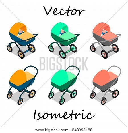 Baby Carriages In Isometrics In Different Angles.