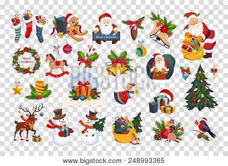 Set Of Colorful Items Related To Christmas And New Year Theme. Santa Claus, Decorative Toys, Gifts A