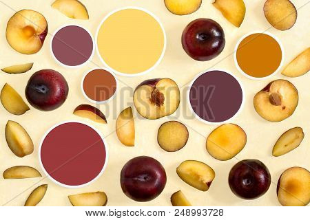 Large Red Plums (whole, Halves, Slices) And Color Samples. Natural Color Palette. Shades Of Differen