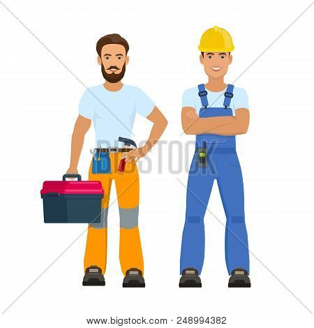 Professional Construction Workers.  Bearded Repairman With Toolbox And Working Tools And Smiling Bui