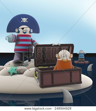 Funny 3d Cartoon Pirates Stranded On An Island Surrounded By Sharks. 3d Render