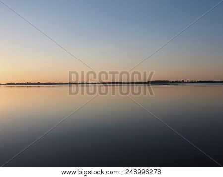 Scenic Sun Set Over Artificial European Goczalkowice Reservoir And Coastline Near Pszczyna City In P