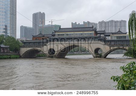 Chengdu, Sichuan Province, China - July 11, 2018 : Jiuyan Bridge And Jinjiang River In Flood After H