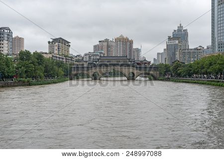 Chengdu, Sichuan Province, China - July 11, 2018 : Jiuyan Bridge And Jinjiang River In Flood After H
