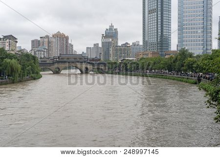 Chengdu, Sichuan Province, China - July 11, 2018 : Jiuyan Bridge And Jinjiang River In Flood After H