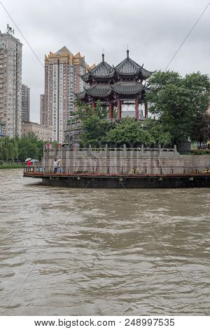 Chengdu, Sichuan Province, China - July 11, 2018 : Hejiang Pavilion And Jinjiang River In Flood Afte