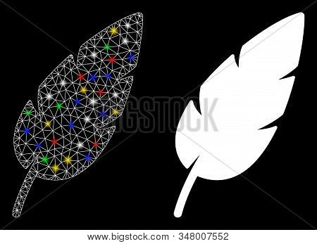 Glowing Mesh Feather Icon With Glare Effect. Abstract Illuminated Model Of Feather. Shiny Wire Carca