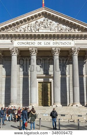 Madrid, Spain - January 22, 2018: Building Of Congress Of Deputies (congreso De Los Diputados) In Ci