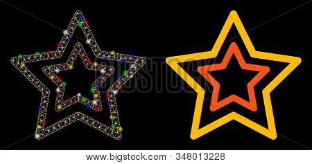 Glowing Mesh Countour Stars Icon With Glow Effect. Abstract Illuminated Model Of Countour Stars. Shi