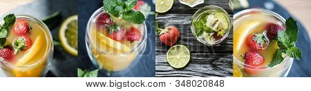 Collage Of Tea With Strawberries, Lemons And Mint Leaves Near Mojito Cocktail