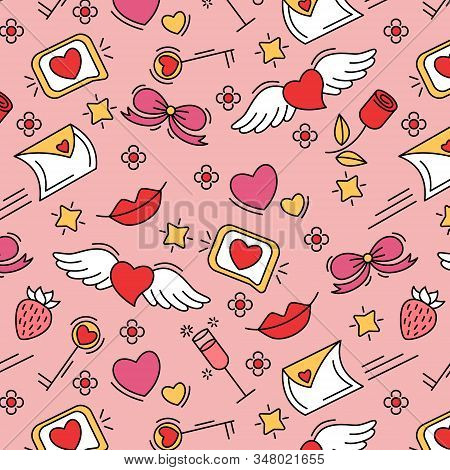 St. Valentines Day Seamless Pattern. Light Pink Background
 With Cartoon Images, Hearts, Messages, L