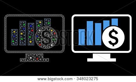 Glossy Mesh Stock Market Monitoring Icon With Glow Effect. Abstract Illuminated Model Of Stock Marke