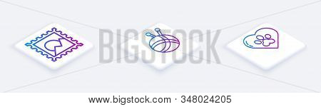 Set Isometric Line Picture Landscape, Yarn Ball With Knitting Needles And Heart With Animals Footpri