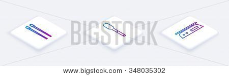 Set Isometric Line Food Chopsticks, Spoon And Electronic Scales. White Square Button. Vector