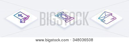 Set Isometric Line Oath On The Holy Bible, Stage Stand Or Debate Podium Rostrum And Envelope. White 
