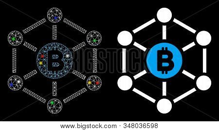 Bright Mesh Bitcoin Finance Netwok Icon With Glare Effect. Abstract Illuminated Model Of Bitcoin Fin
