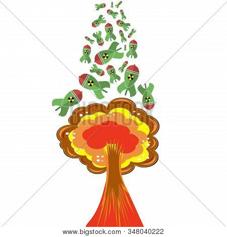Green Atomic Bomb With Radiation Sign On White Background. Nuclear Rocket. Weapon Icon. Explode Flas