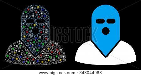 Glossy Mesh Masked Killer Icon With Glare Effect. Abstract Illuminated Model Of Masked Killer. Shiny