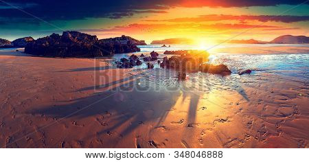 Scenery Rocks And Cliff In Beach In Noja Village,cantabria,spain.scenic Beach Landscape And Sunset