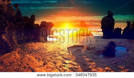 Scenery Rocks And Cliff In Beach In Noja Village,cantabria,spain.scenic Beach Landscape And Sunset