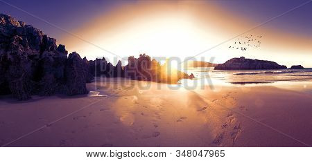 Scenery Rocks And Cliff In Nature In Noja Village,cantabria,spain.sunset Seascape And Beach In Coast