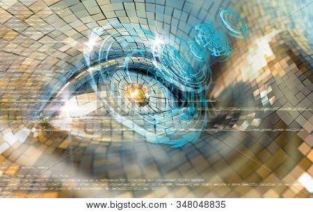 Closed Plane Of Cyborg Eye Or Robot And Retina Or Iris Scanner.science And Technology Background.con