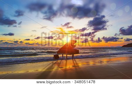 Music Background.melody And Song Concept In Nature.surreal Image Of Grand Piano In Scenic Sunset Bea