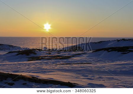 Beautiful Sunset Over An Arctic Landscape Near Whale Cove, Nunavut.  Taken During The Winter Month W