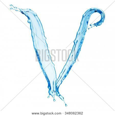 Clean Blue Water Splash Shaped in Form of Letter V Isolted on White Background. Drinking Water Advertising Design Template. 3D Illustration.