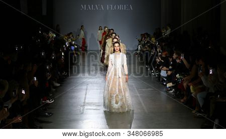 Kyiv, Ukraine - February 5, 2019: Models Present A Creation By Designer Malva-florea During 44th Ukr
