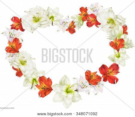 Romantic Bridal Heart Shape Garland With Red And White Flowers, Realistic Watercolor Traced Illustra