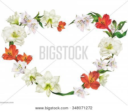 Romantic Bridal Heart Shape Wreath With Red And White Flowers, Realistic Watercolor Traced Illustrat