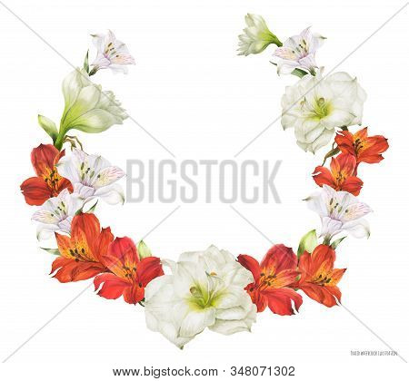 Bridal Wreath With Red And White Lily Flowers, Traced Realistic Illustration