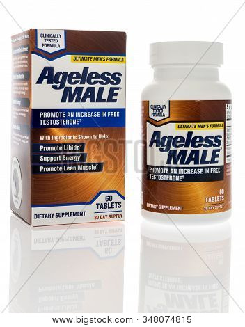 Winneconne, Wi - 27 January 2020 : A Package Of Ageless Male Testosterone Booster On An Isolated Bac