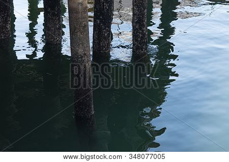 Dock Pilons Reflected In The Water Of Puget Sound