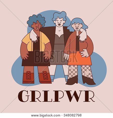 Feminists In Teamwork Grl Pwr. Women Gang Illustration In Flat Linear Style. Blue And Orange Palette