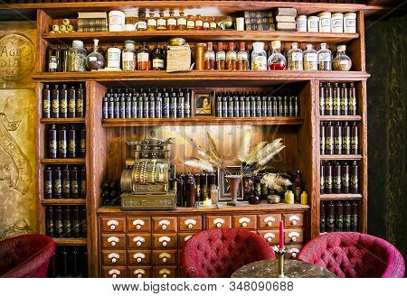 Riga, Latvia, March, 20 2019: Shop Riga Balsam Beverage In The Old Town. Interior Cafe Black Magic I