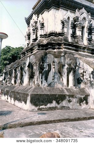 Elephant Sculptures Adorn The Exterior Walls Of Ruins Of The Ancient Buddhist Temple Wat Chet Yot (o