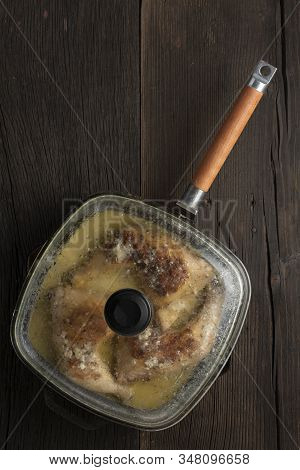 Fried Chicken Legs In A Pan, Rustic Style, Top View