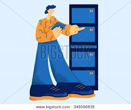 Male Engineer Of Technical Support Making Diagnostic Server Isolated At White Background