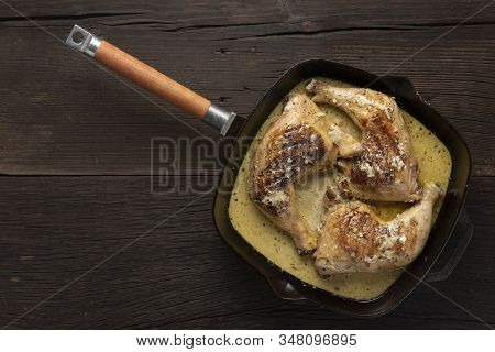 Fried Chicken Legs In A Pan, Rustic Style, Top View