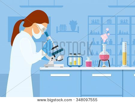 Woman Scientist Looking Microscope, Studying The Coronavirus 2019-ncov, With Laboratory And Equipmen